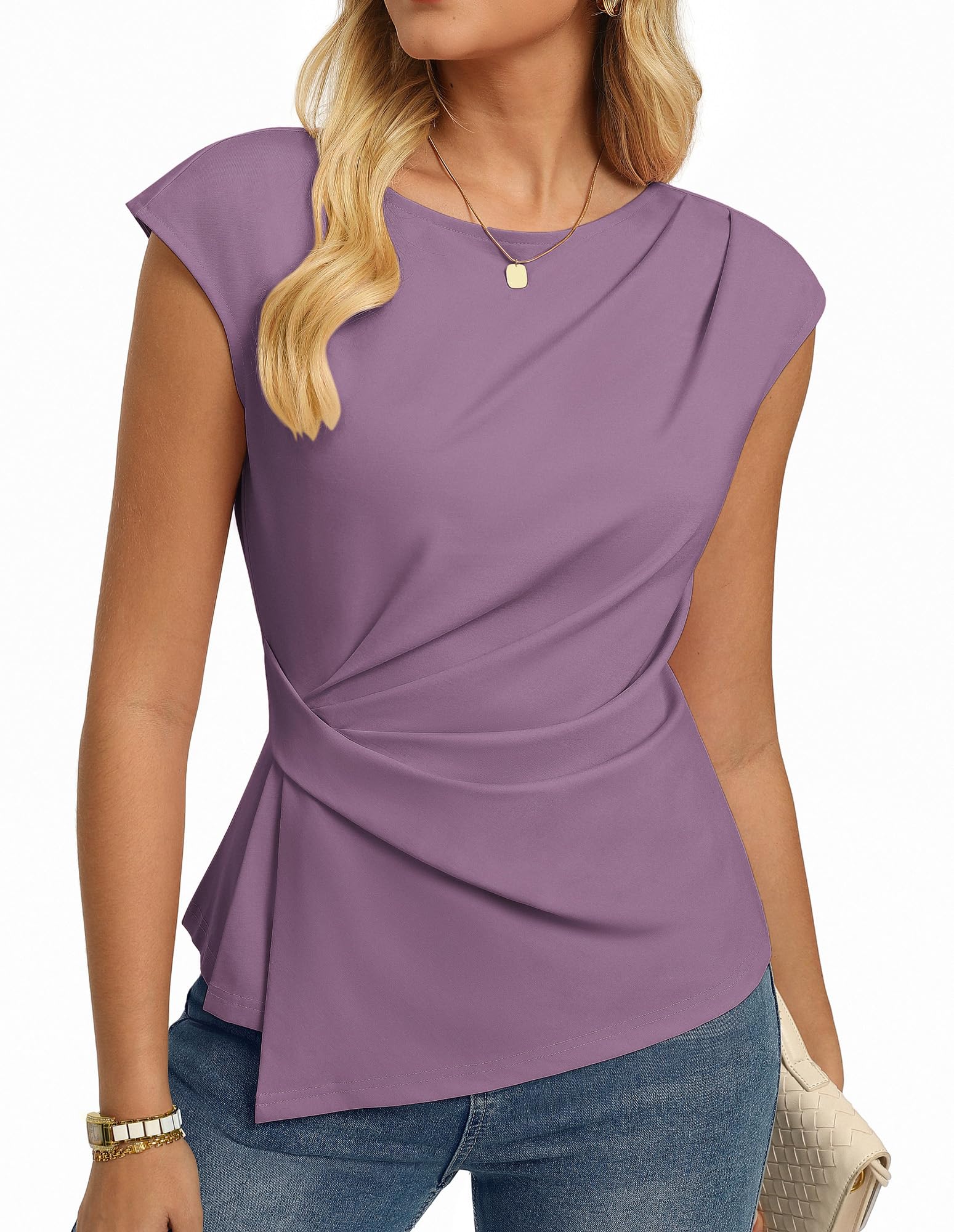 Tshirt Damen Sommer Elegante Flügelärmeln Business Bluse Slim Fit Shirt Wickelbluse Oberteile Lila XL