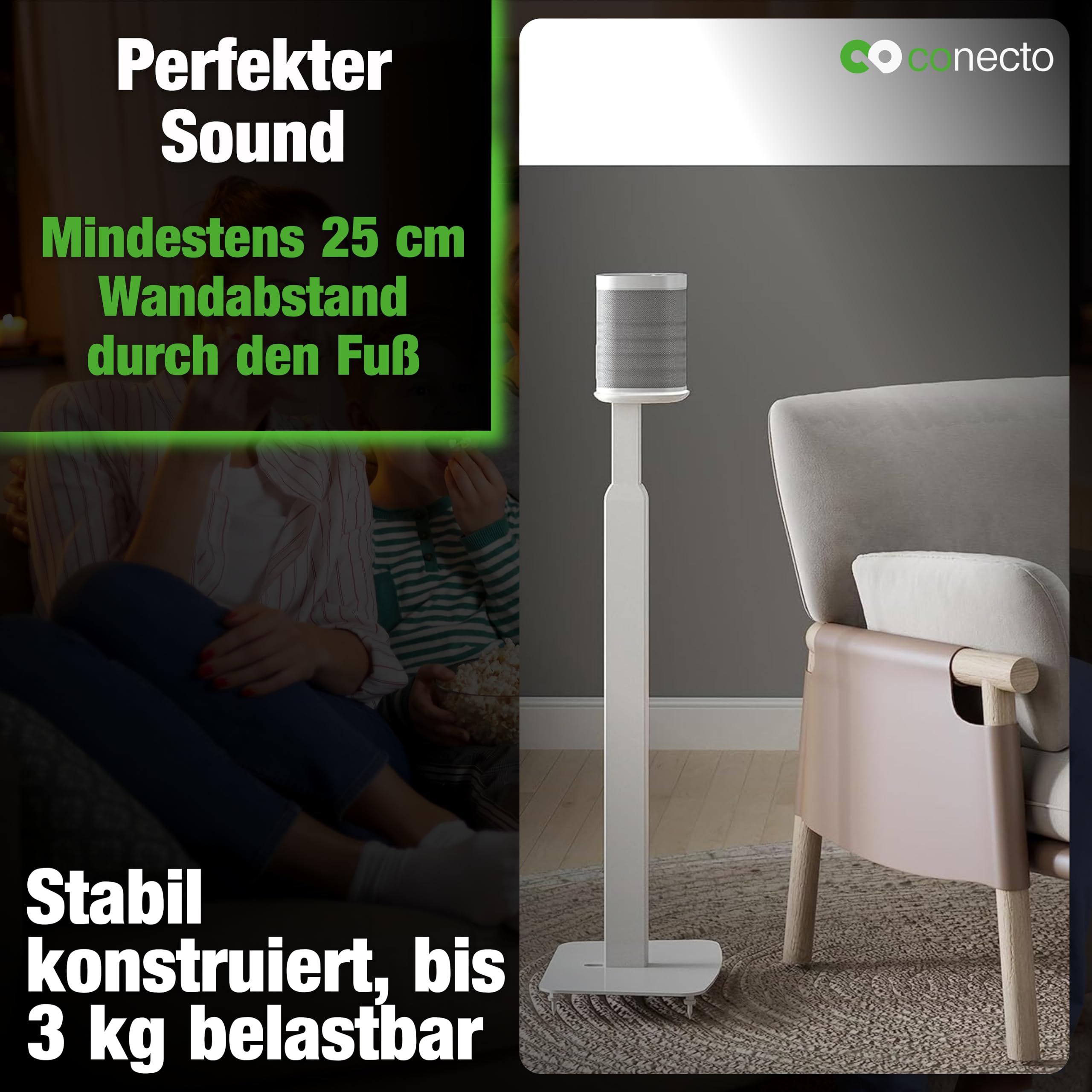 conecto Stojak głośnikowy z regulacją wysokości do SONOS ONE® i SONOS ONE SL®, odległość od ściany 25 cm, nośność 3 kg, biały