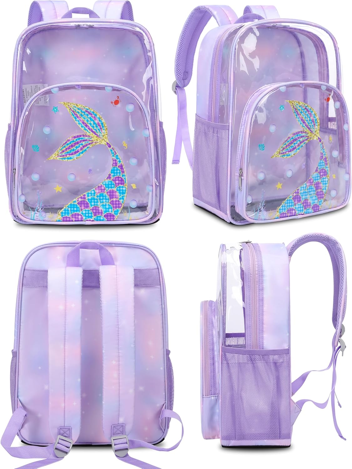 BLUEFAIRY Clear Backpack for Girls 17 Inch School Book Bag Stadium Approved Heavy Duty PVC See Through Bag Large Transparent Bookbag for Kids Travel Work Events (Tail Purple) - Image 8