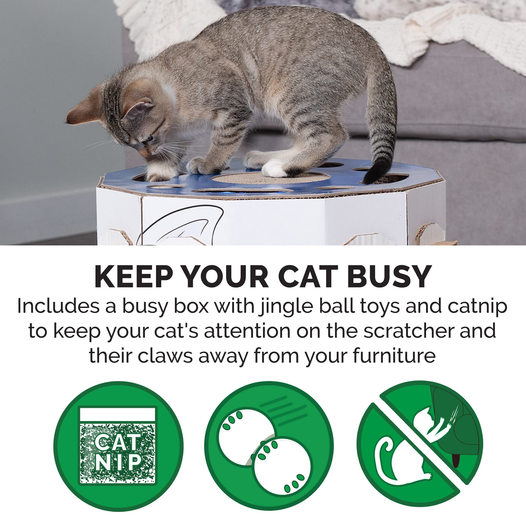 Furhaven Muebles para mascotas para gatos y gatitos - Tiger Tough Busy Kitty Hideaway Cat Scratcher Playhouse con caja de rompecabezas, juguetes y hierba gatera, impresión de gato, talla única