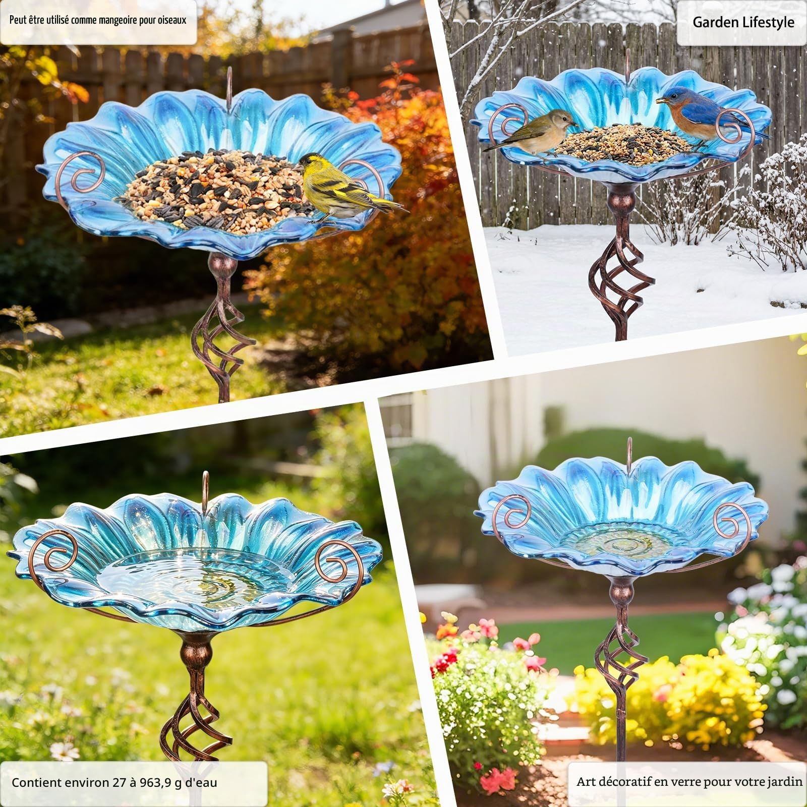 MUMTOP Bain d'oiseaux pour extérieur, Bain d'oiseaux en Verre avec Piquet pour décoration de Jardin et Cour (Bleu)