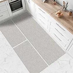 Kit Tapete de Cozinha Antiderrapante, Zig Zag, 3 Peças, Passadeira 150x45cm e 2 Tapetes 65x45cm, Bege (Nude)