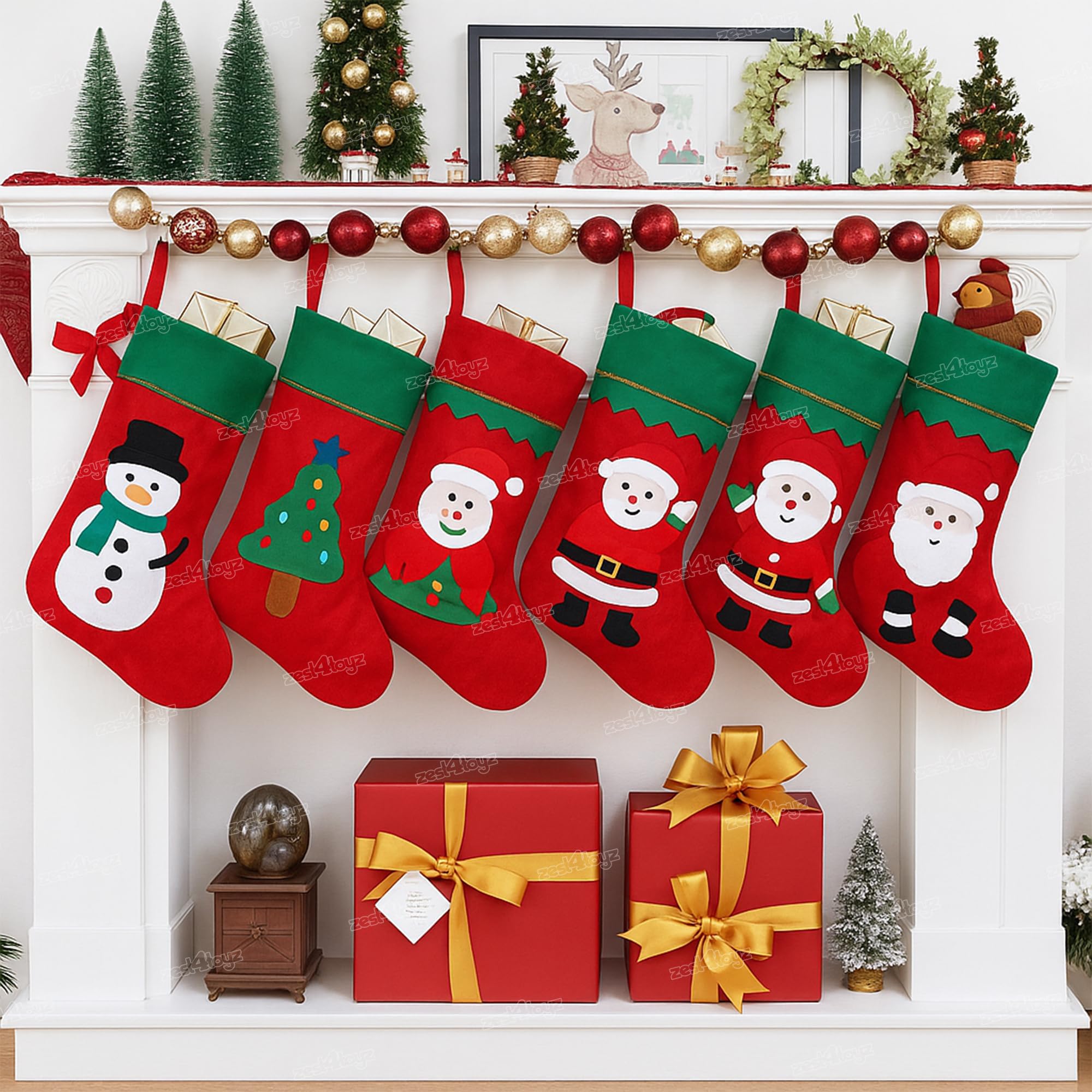 6 Pcs Christmas Stocking Decoration Xmas Fireplace Hanging Socks Candy Gift Bag Santa Hanging Christmas Tree Decoration Items Home Decor Classic Red and White Stockings