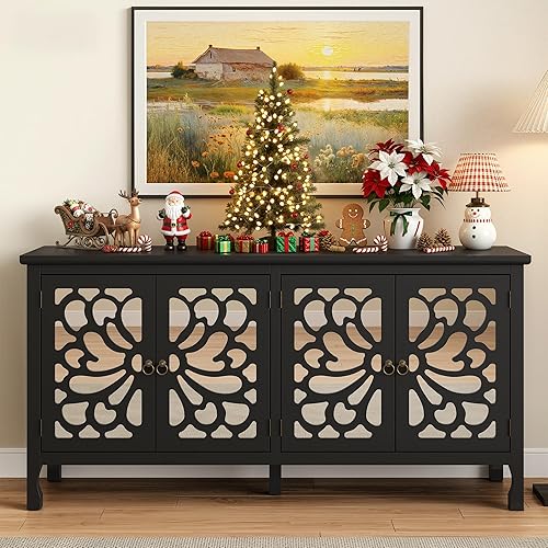 RoyalCraft Armario buffet aparador con almacenamiento, armario decorativo de 63 pulgadas con 4 puertas y estantes ajustables, consola multimedia