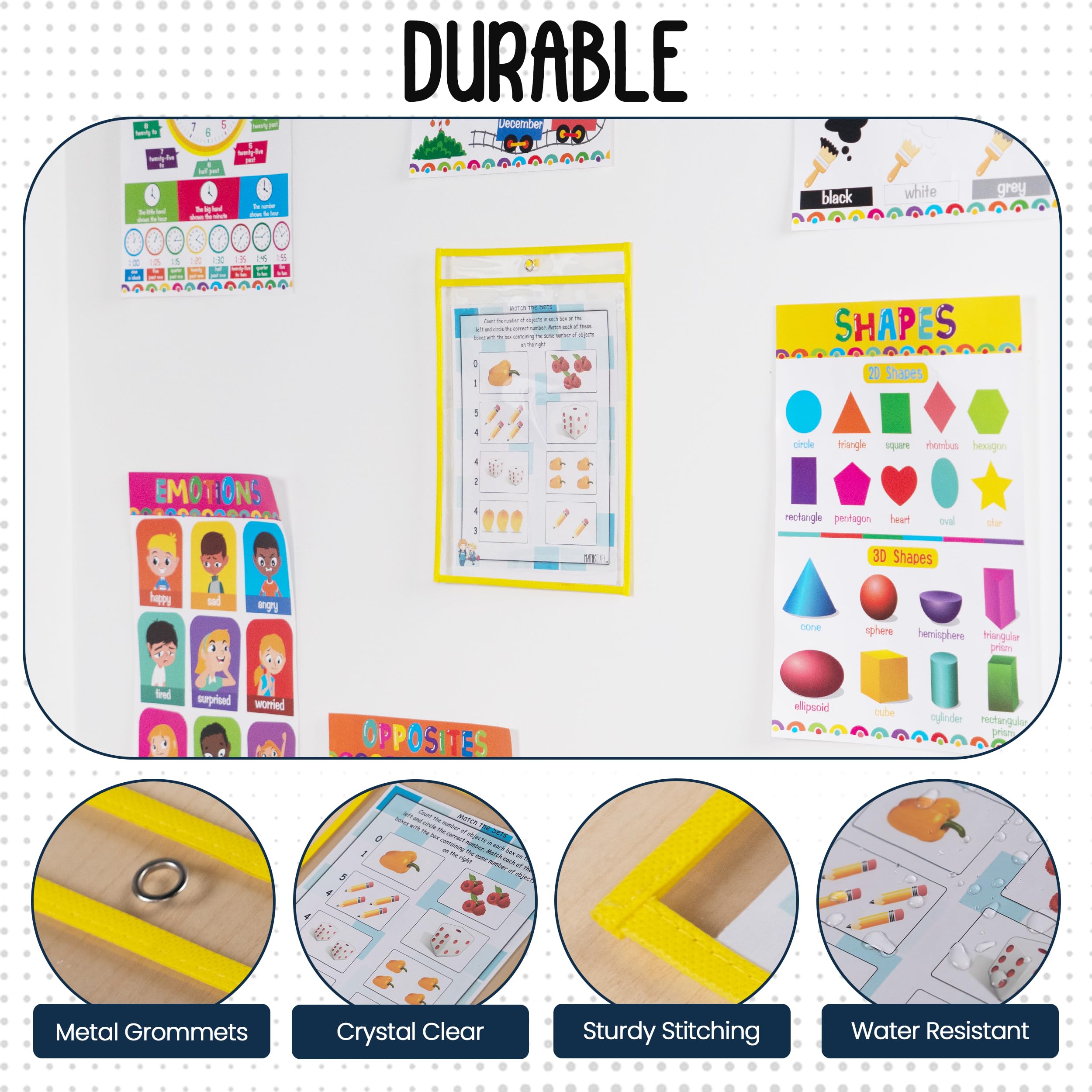 Essex Wares - Paquete de 6 bolsillos de borrado en seco, amarillo, para lecciones de profesores en un aula o para uso en tu hogar u oficina, se adapta a papel estándar, 10 x 13.5 pulgadas