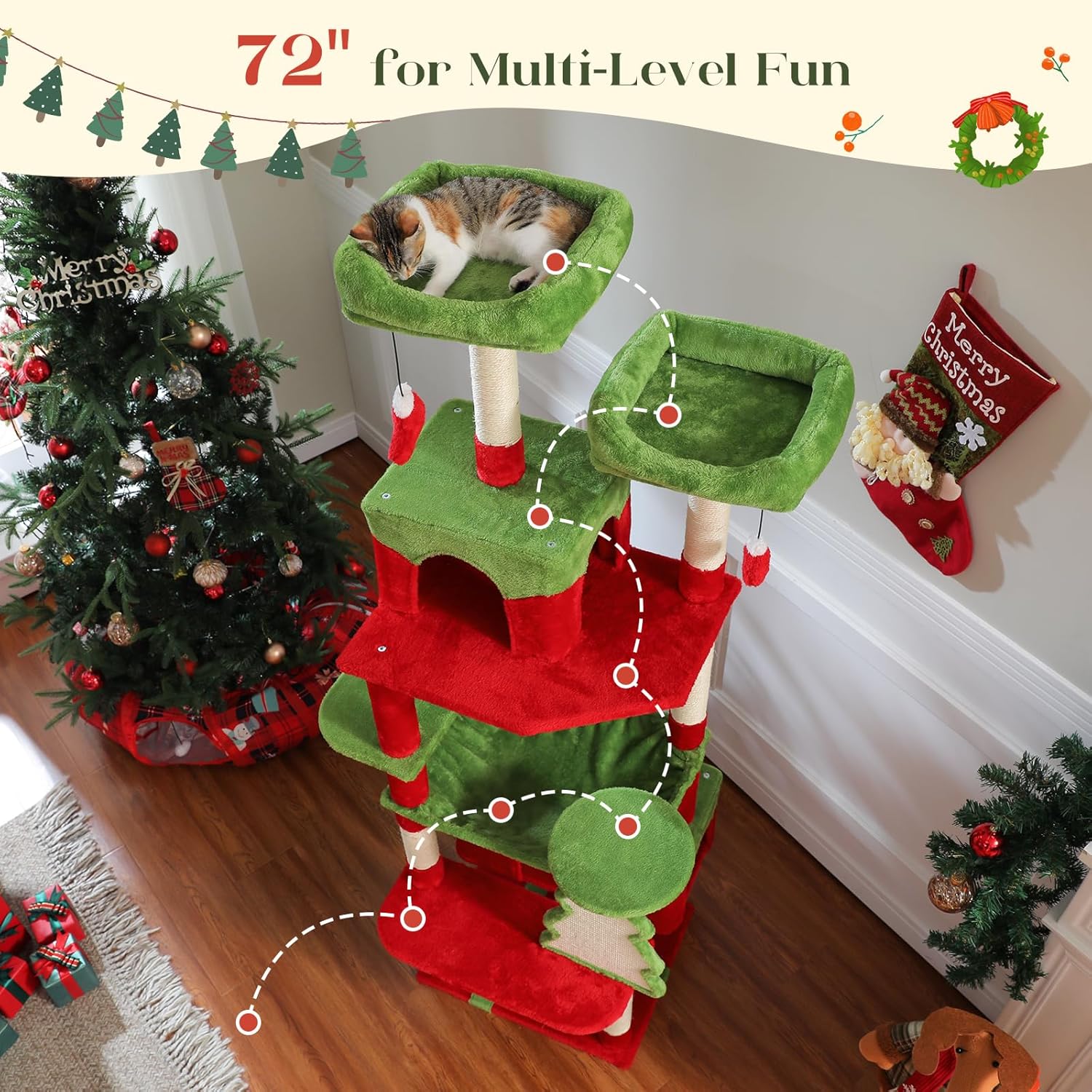 PAWZ Road Christmas Cat Tree, 72 Inches Tall Cat Tower with 2 Perches, 2 Condos and Spacious Hammock, Attractive Cat House with Xmas Tree Scratcher, 7 Scratching Posts for Large Cats