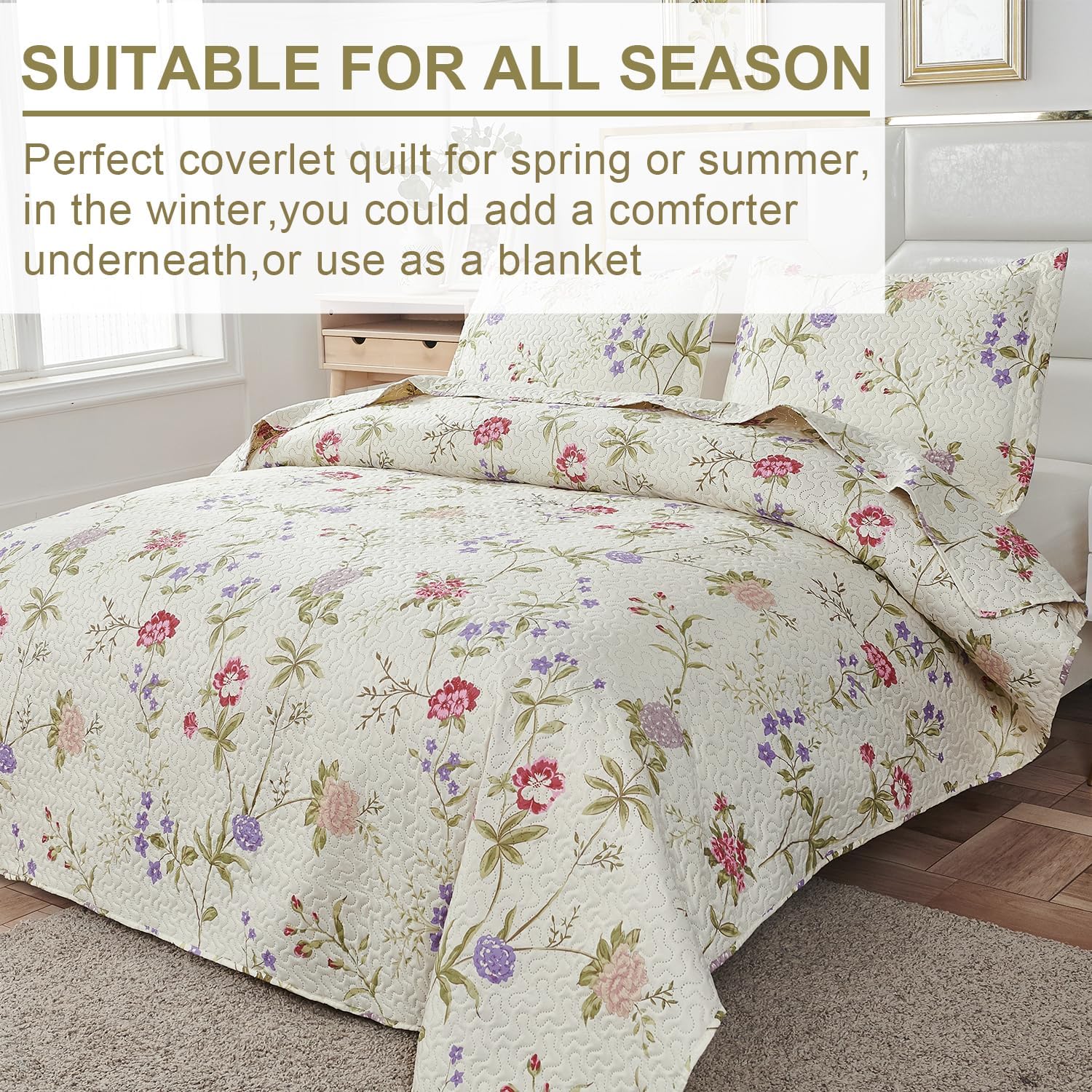 Ycosy Flower Quilt Set King Size Beige Floral Bedspread Coverlet Spring Summer Lightweight Reversible Quilts Bedding Purple Red Floral Quilt Collection with 2 Pillow Shams