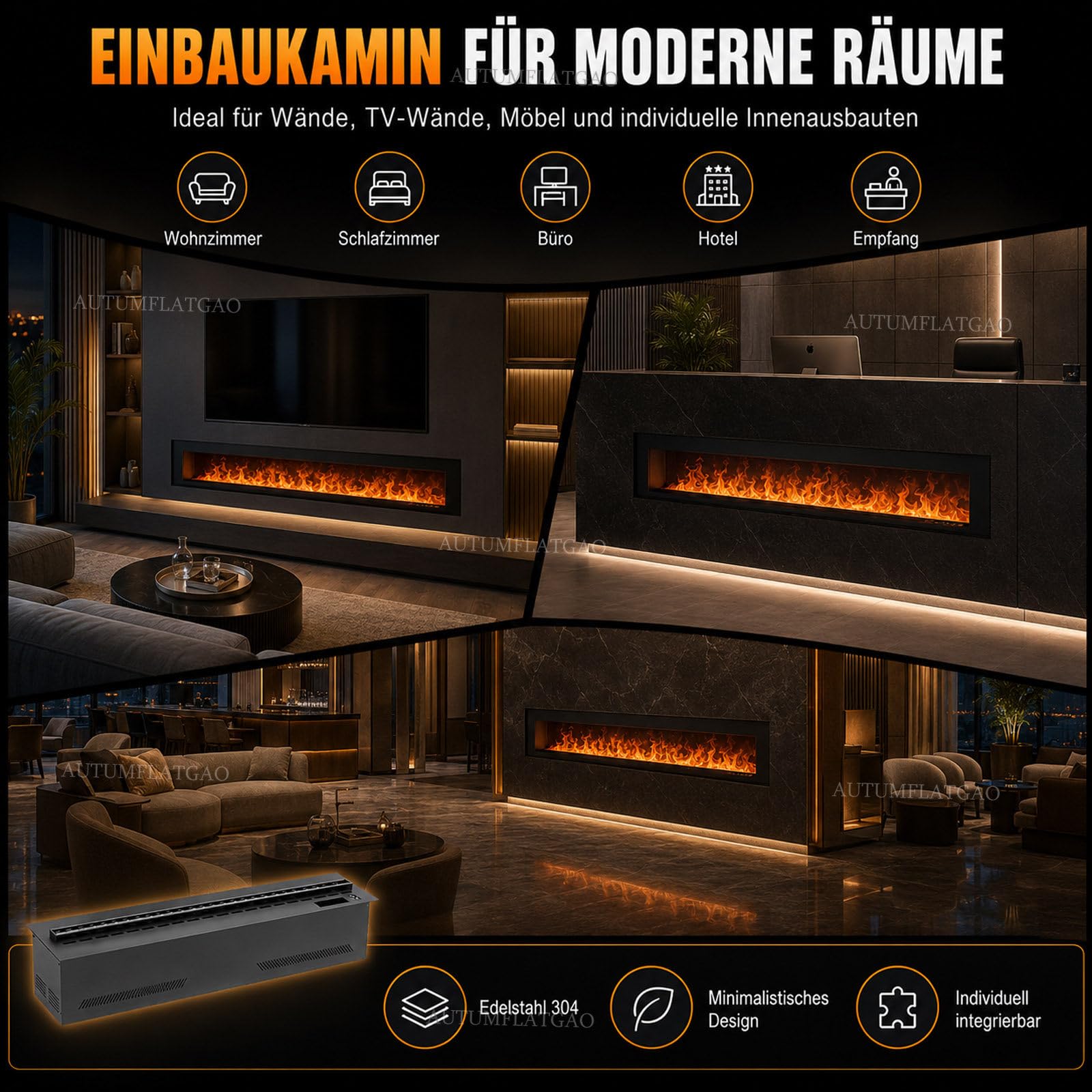 3D Wasserdampf Kamin Mit Luftbefeuchter, 9 Farben & App-Steuerung 100cm