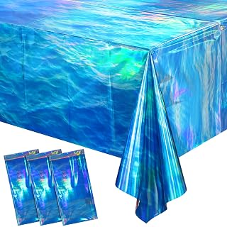 Hallswl 3 Pcs Iridescent Ocean Waves Tablecloths, Disposable Plastic Ocean Blue Table Cloth, Rectangle Table Covers, 54 x 108 Inch, Perfect for Under the Sea, Mermaid, Beach & Surf Parties