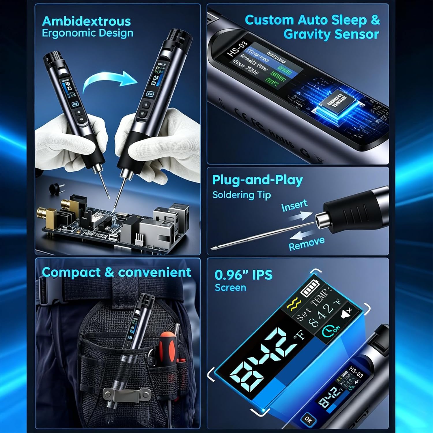 FNRSI HS-03 Cordless Soldering Iron Kit, 2600mAh Portable Soldering iron | 3s Fast Heating,212-842°F ,5 Preset Temp Levels,Auto Sleep, 0.96" IPS Display,Rechargeable Battery for Electronics Repair,DIY
