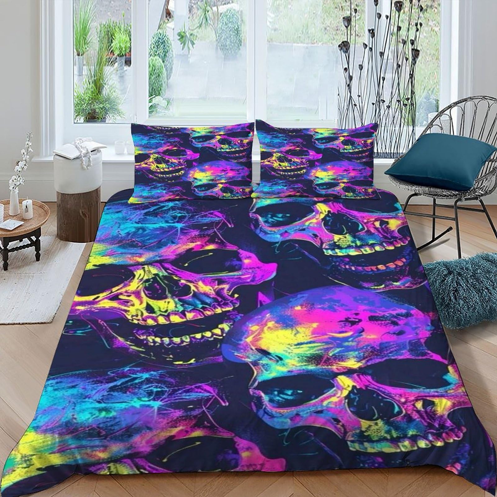 Housse de couette crane neon fini les draps ternes parure gothique