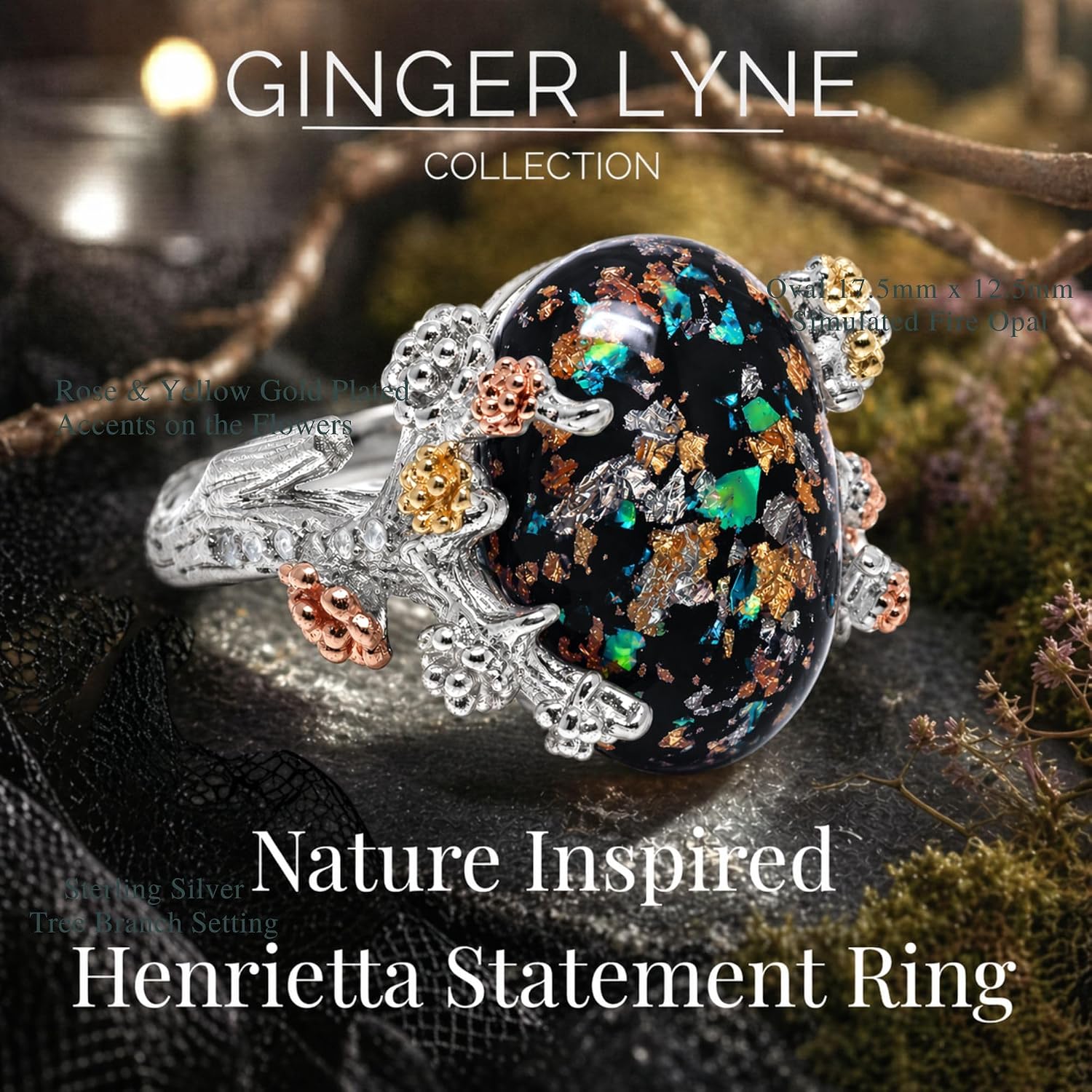 Henrietta Simulated Fire Opal Ring for Women by Ginger Lyne | Sterling Silver Tree Branch Setting Elven Fairy Flower Design for Engagement Statement or Promise Ring