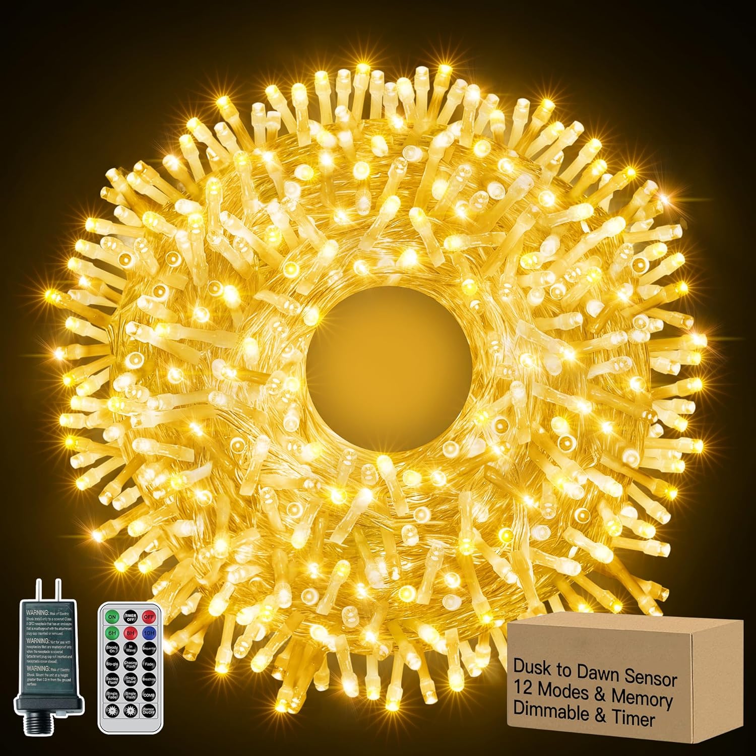 Ccinny 12 Modes Outdoor String Lights with Dusk to Dawn,174ft 500 LED Plug in Christmas Lights