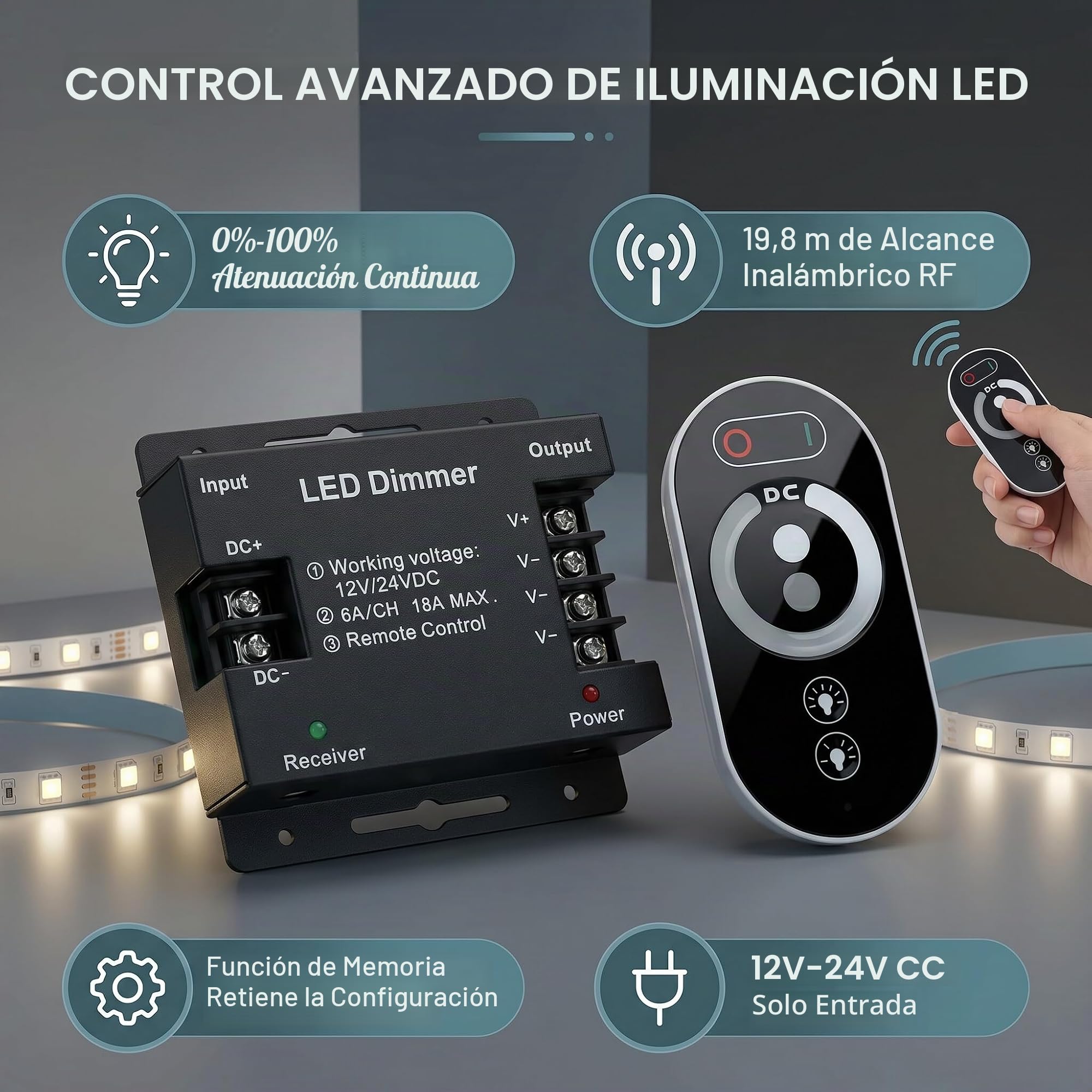Regulador de Intensidad, CC 12 V‑24 V 18 A 0%‑100% Atenuación Continua PWM Atenuador de Tira de Luz LED con Control Remoto RF Ajustar el Brillo Interruptor de Tira de Luces LED