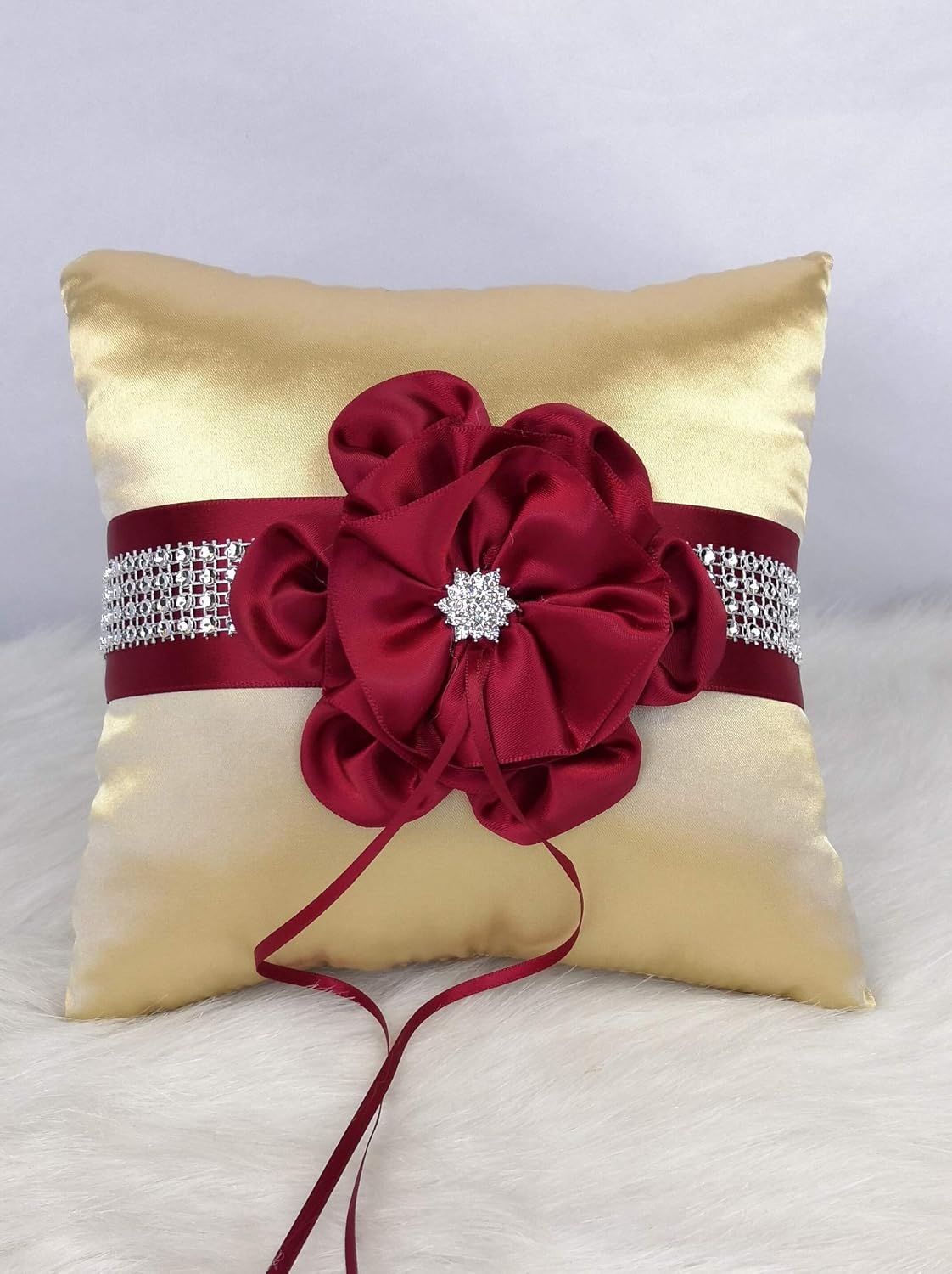 Abbie Home Wedding Guest Book and Pen Set in Gold Satin Cover with Burgundy Ribbon Flower Rhinestone Decor Luxury Satin Collection Party Favor Set (Burgundy+Gold)