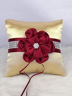 Abbie Home Flower Ring Bearer Pillow in Gold Satin Cover with Burgundy Ribbon Flower Rhinestone Decor Luxury Satin Collection Party Favor Set (Burgundy+Gold Pillow)
