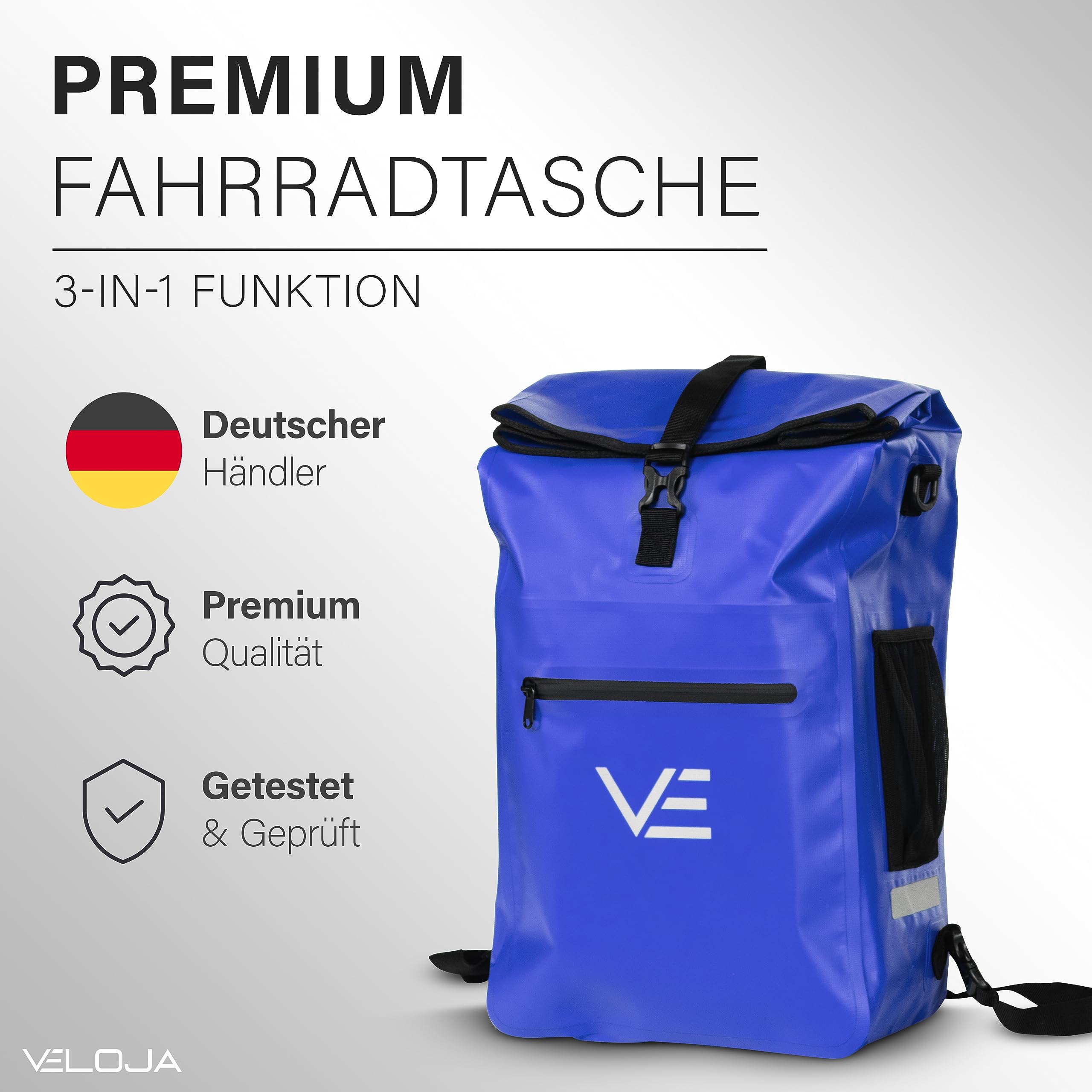 VELOJA Bike Bag with Backpack Function - Waterproof - Waterproof - 3 in 1 Bicycle Bag for Pannier Rack - Laptop Compartment - Bottle Holder - 4 Colours