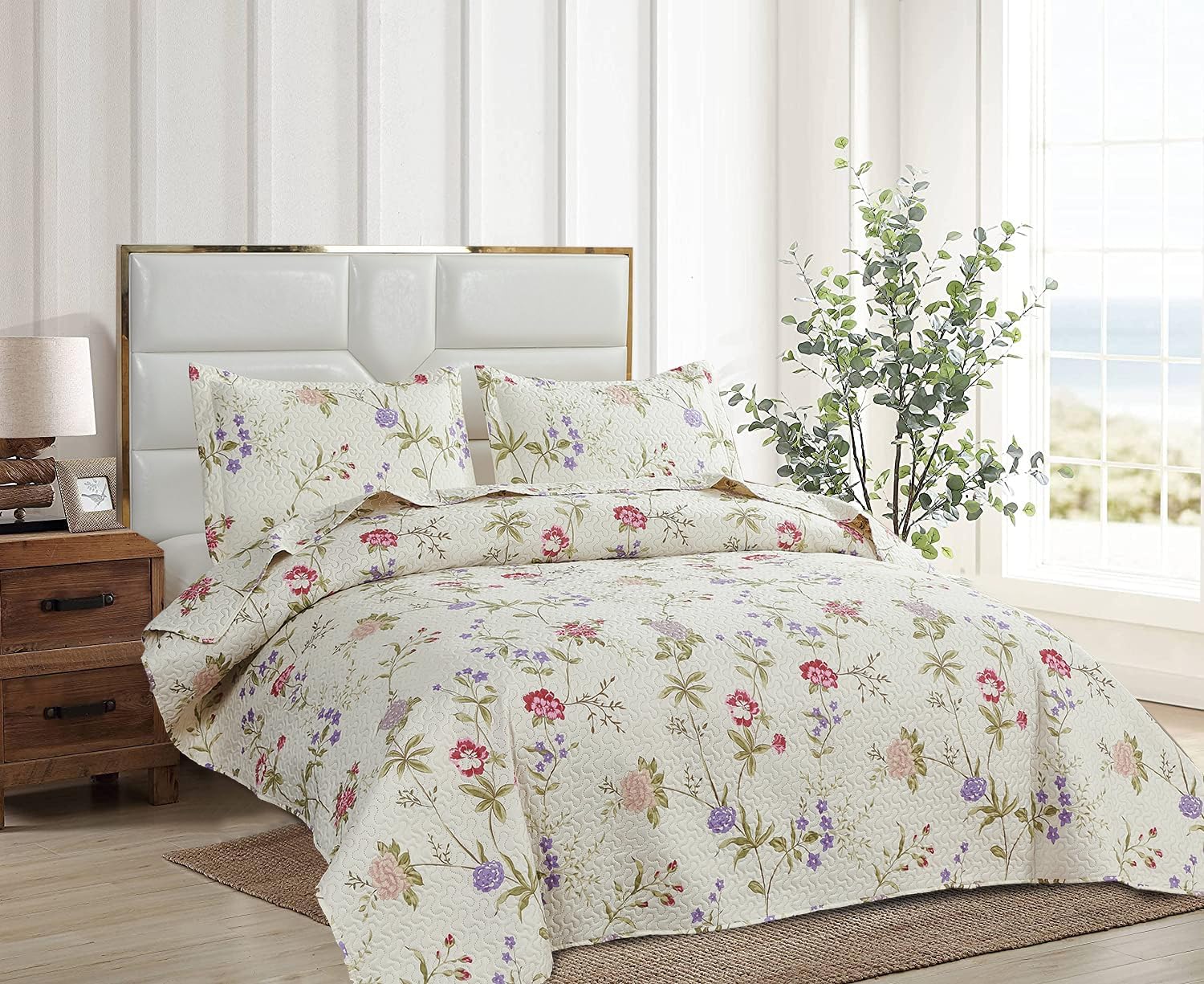 Ycosy Flower Quilt Set King Size Beige Floral Bedspread Coverlet Spring Summer Lightweight Reversible Quilts Bedding Purple Red Floral Quilt Collection with 2 Pillow Shams