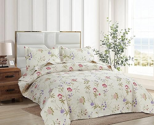 Miniatura 2 de Ycosy Juego de edredón de flores, tamaño Queen, color beige, colcha floral para primavera y verano, colcha reversible ligera y reversible, colección