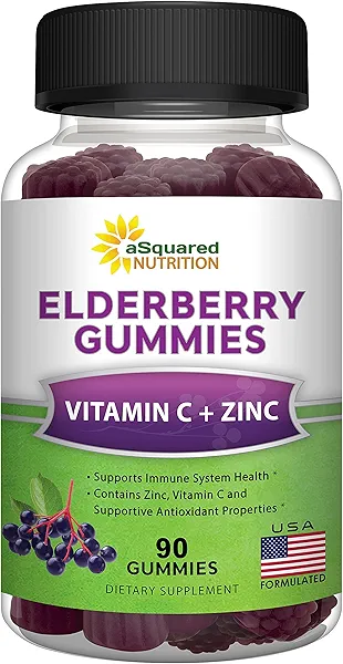 aSquared Nutrition Sambucus Elderberry Gummies with Zinc and Vitamin C - Chewable Gummy Supplement Alternative to Capsules Pills - Black Elderberries w/VIT C for Adults Immune Support - 90 Gummies
