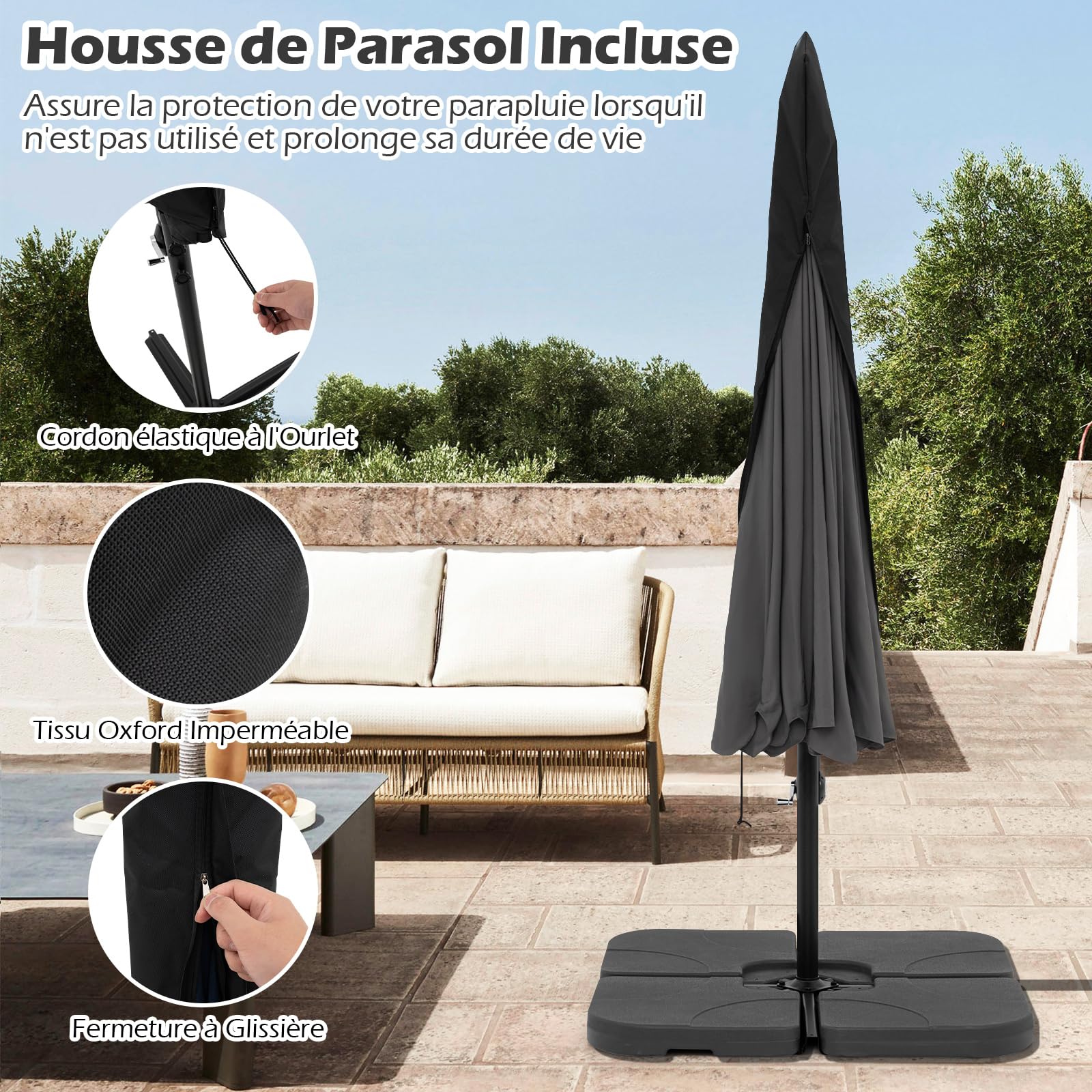 COSTWAY Parasol Déporté 3x3M avec Housse de Protection, Design à Volant Élégant, Parasol de Jardin Extérieur inclinable, Manivelle, 8 Baleines, Protection UV, pour Terrasse, Balcon, Patio (Gris)