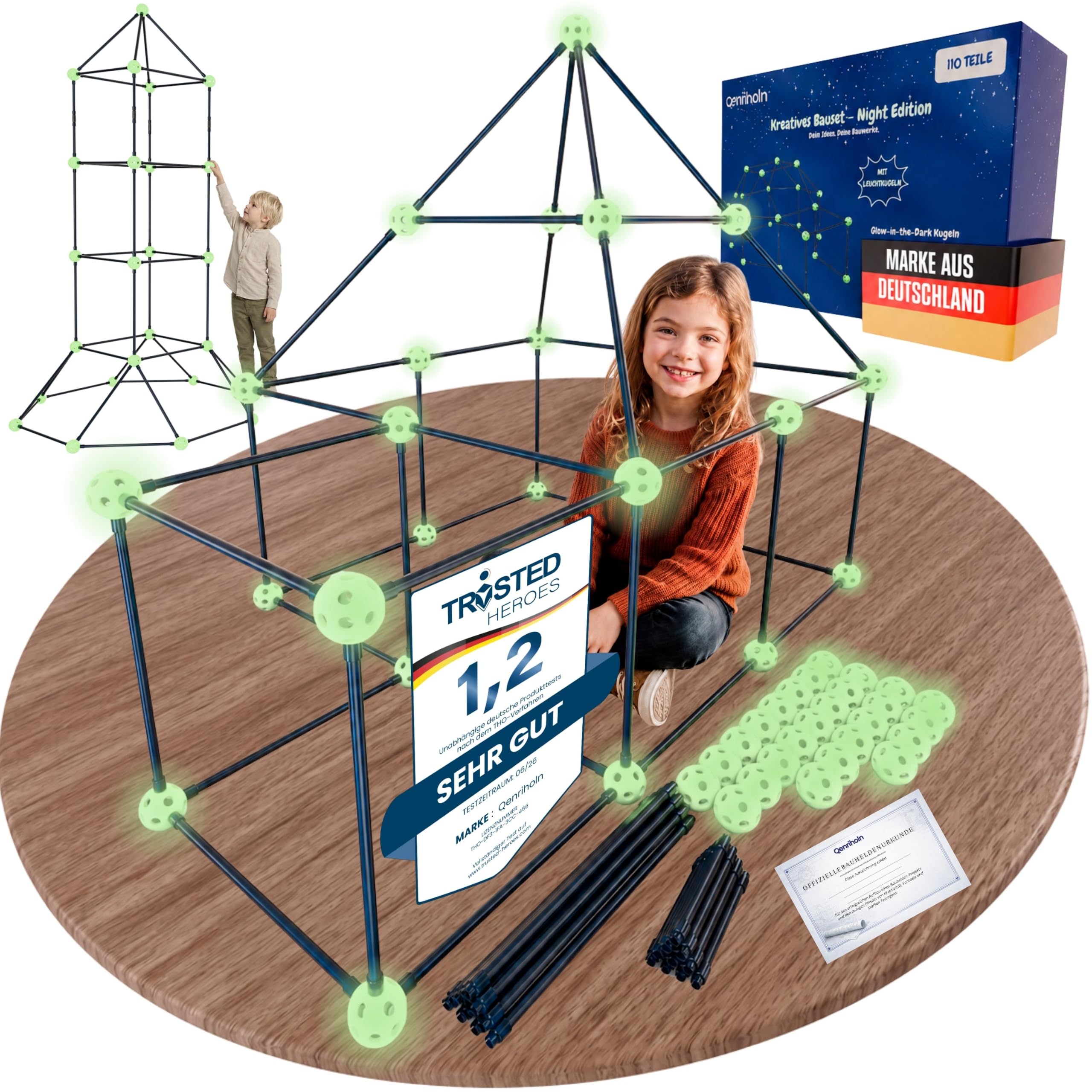 Stabiles Konstruktionsspielzeug für Kinder – mit Klicksystem, leuchtet im Dunkeln, Höhlenbau-Set mit Bauheldenurkunde, kreatives Bauspielzeug, DIY-Steckbaukasten, Gartenspielzeug, Indoor/Outdoor