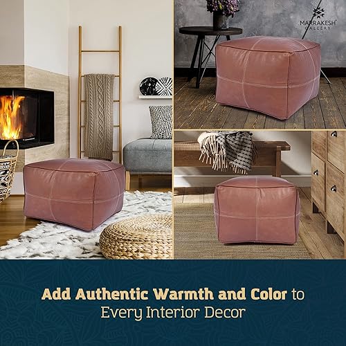 Miniatura 10 de Marrakesh Gallery Funda otomana de cuero - Puf cuadrado marroquí, sala de estar, dormitorio otomano Marrón,Beige Bronceado,Azul,Marrón (Dark