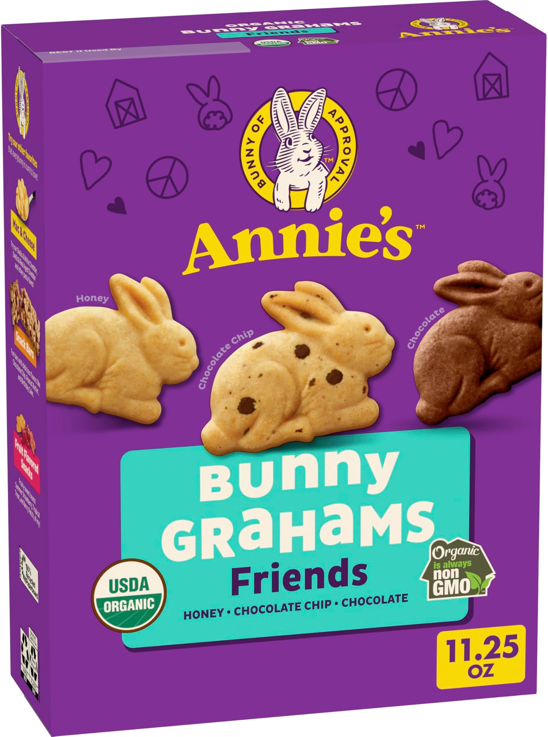 Annie's Organic Friends Bunny Grahams, Chocolate Chip, Chocolate, and Honey Baked Graham Snacks, 11.25 oz