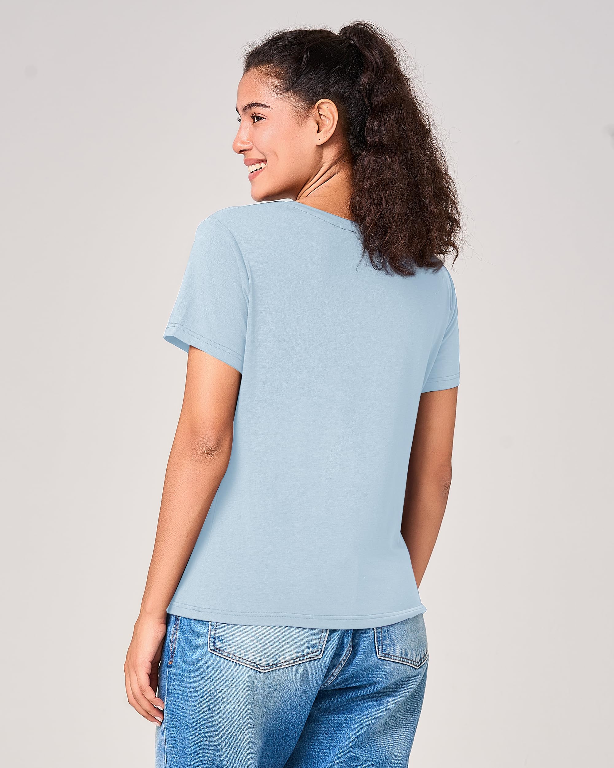 BAMBOO COOL Camisetas clásicas de manga corta con cuello en V para mujer, ajuste sexy, camisetas básicas