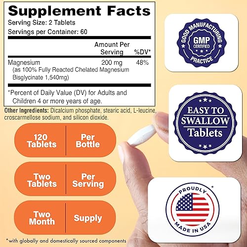 Miniatura 2 de Glicinato de magnesio 200 mg 120 tabletas  Bisglicinato de magnesio puro totalmente reaccionado 1,540 mg  Alta absorción, suave para el estómago,