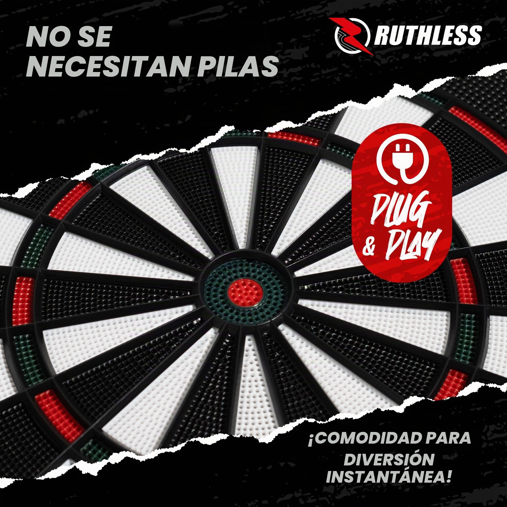 Ruthless - Tablero de dardos electrónico Ruthless R500 en gabinete - Punta blanda - incluye 4 juegos de dardos - para 8 jugadores - 27 juegos