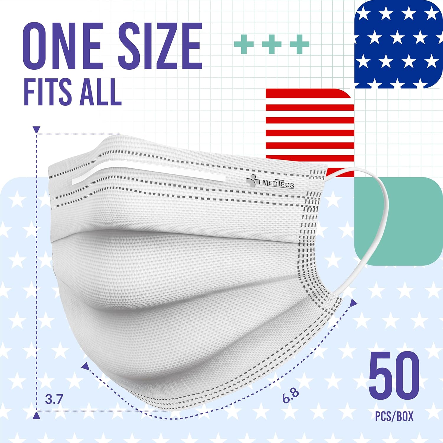 Medtecs Face Mask Disposable - Made in USA - Comfortable 3 Layer Breathable Mask, the Better Protection and Health Choice - CoverU Adult Mask - 50 PCS/Box x40 - White