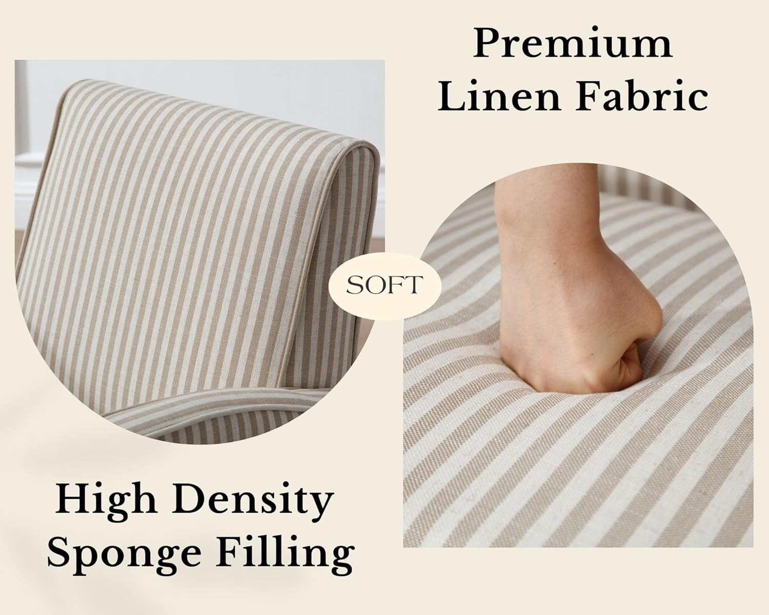 Farmhouse Striped Accent Chair for Living Room Set of 1, Linen Fabric Modern Comfy Armchairs with Cushion, Upholstered Striped Reading Chairs for Bedroom Couch Chair with Wood Legs, Khaki