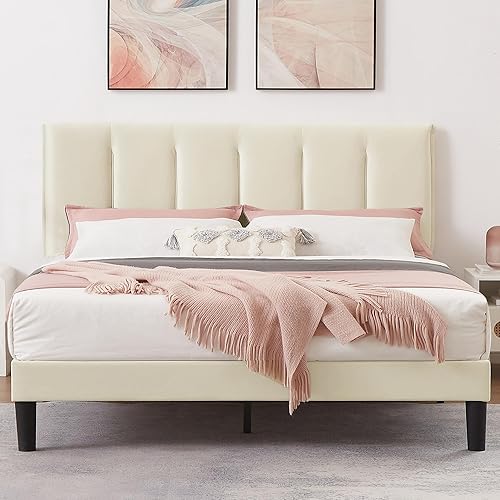 VECELO Queen Bed Frame with Upholstered Headboard, Platform Mattress Foundation with Strong Wooden Slats Support, No Boxing Spring Needed, Easy Assembly, Beige