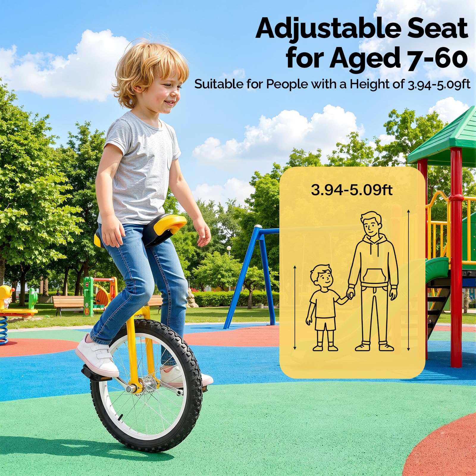 Monociclo da 16 pollici, telaio monociclo regolabile in altezza, reggisella zigrinato di alta qualità, monociclo per persone da 1,2 a 1,55 m, One Wheel per bambini e adulti, unisex