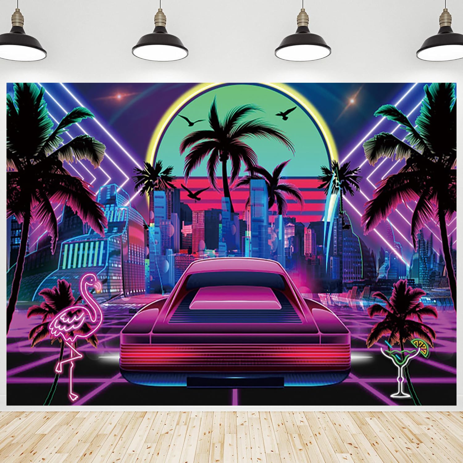 CRTPOD Neon Glow Backdrop Retro 70s 80s 90s Discos Summer Tropical Neon City Flamingo Palm Tree Background Night Club Photography Banner for Birthday