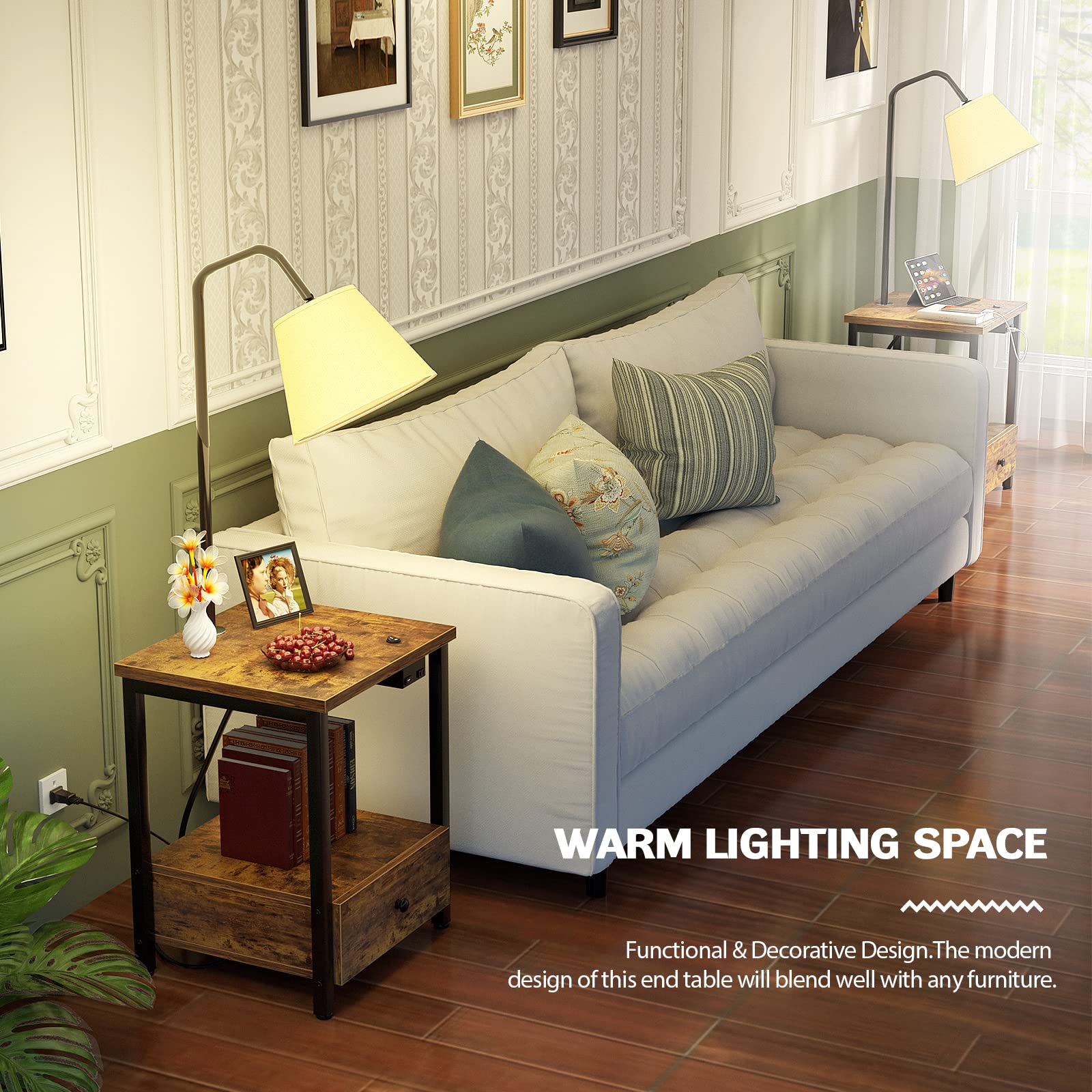 LityMax LED Floor Lamp with Table, Rustic Bedside Nightstand with