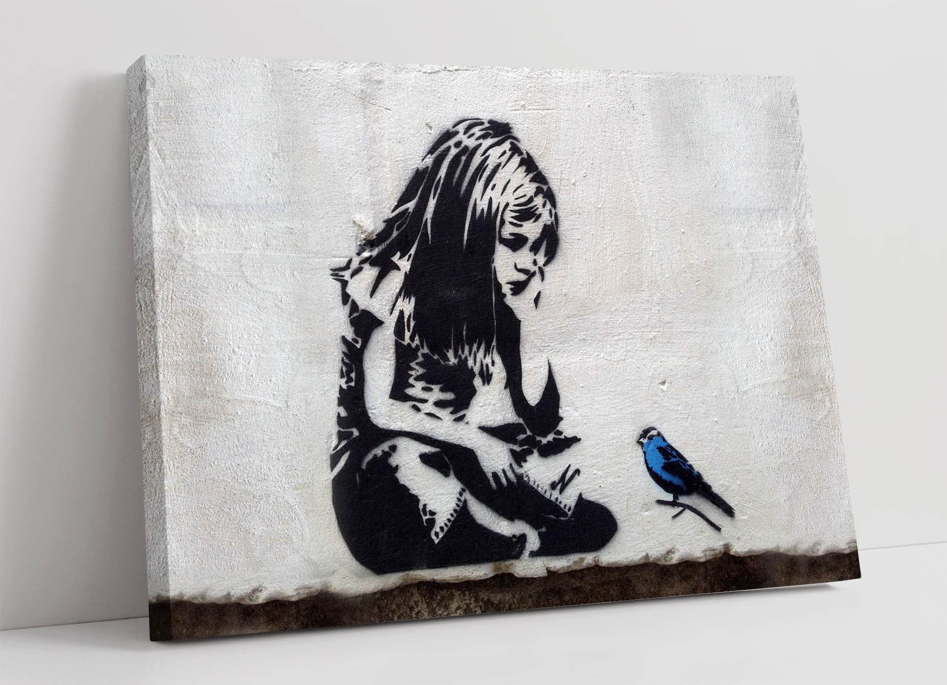 Canvasartshop Girls Blue Banksy Bird Framed Canvas Wall Art Print Artwork Graffiti (36In X 24In / 91Cm X 60Cm)