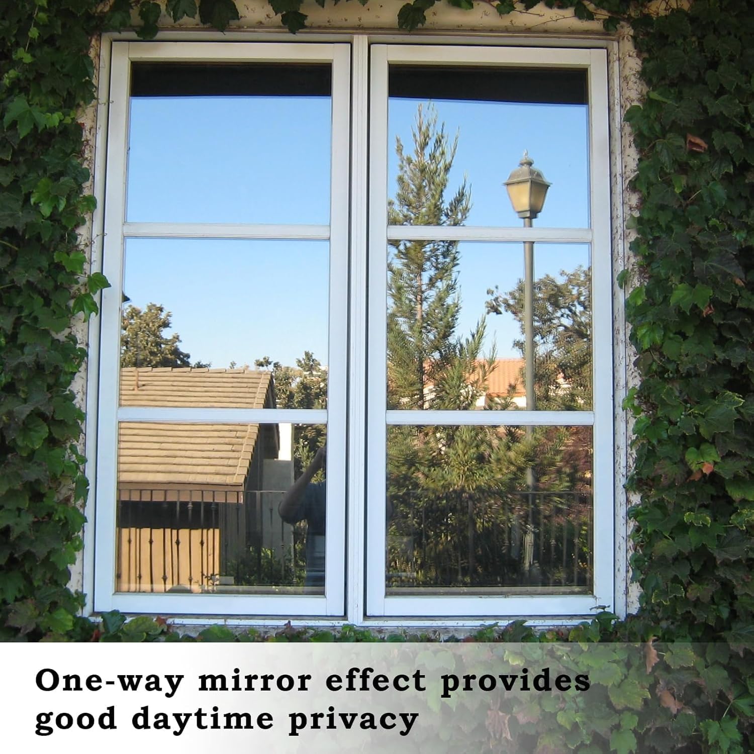 JAYONG Window Privacy Film One Way - Static Cling Heat Control Daytime Privacy Film UV Blocking Reflective Window Tint for Home Office, Black Silver, 35.4 x 196.8 Inch