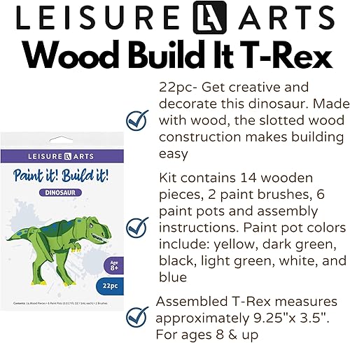 Miniatura 2 de LEISURE ARTS - Rompecabezas 3D, kit de 14 piezas, Wood Build It T-Rex, kits de construcción de madera, proyectos de bricolaje, rompecabezas 3D de