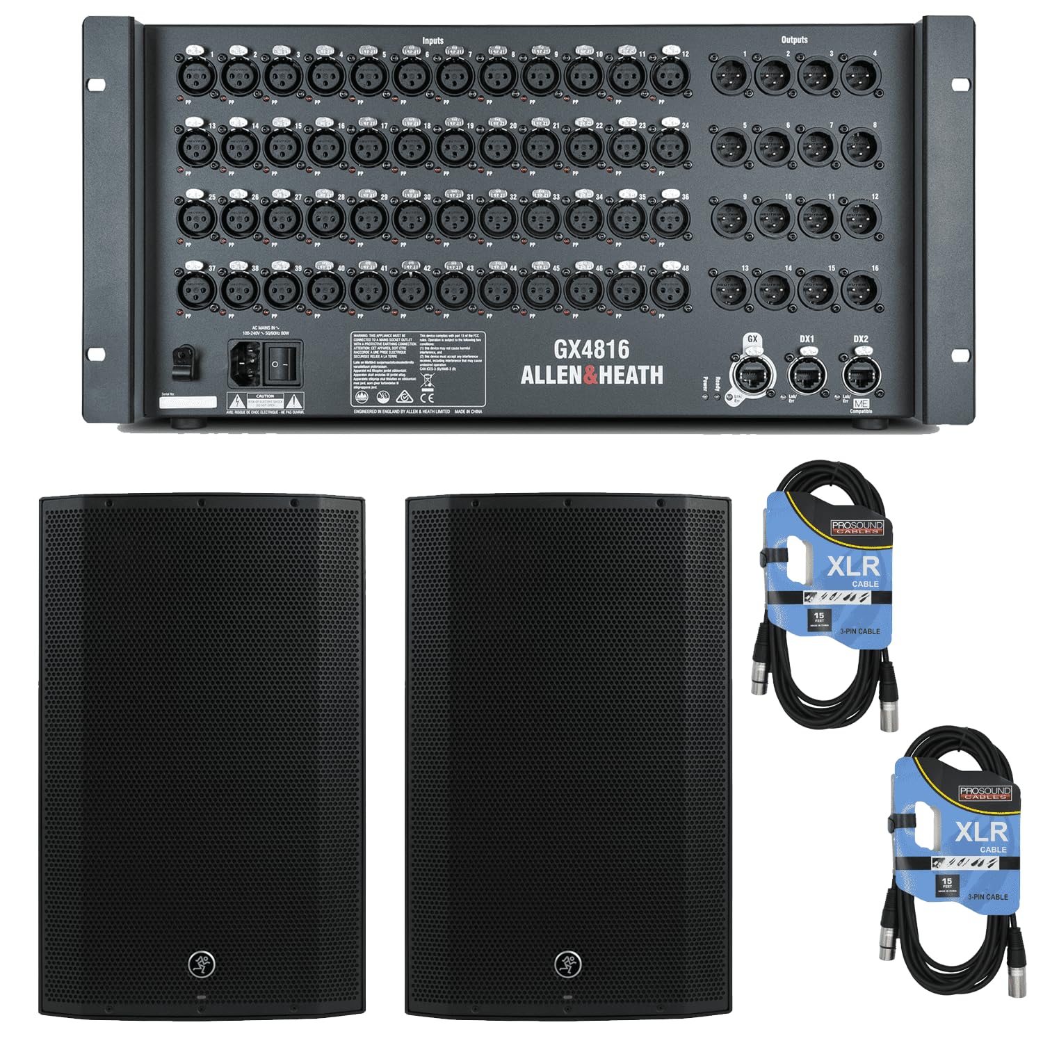 Allen & Heath GX4816 48×16 XLR In/Out Portable GX Expander with DX Sockets + Mackie Thump 15A, Active Portable PA Speakers (Pair) and Cables