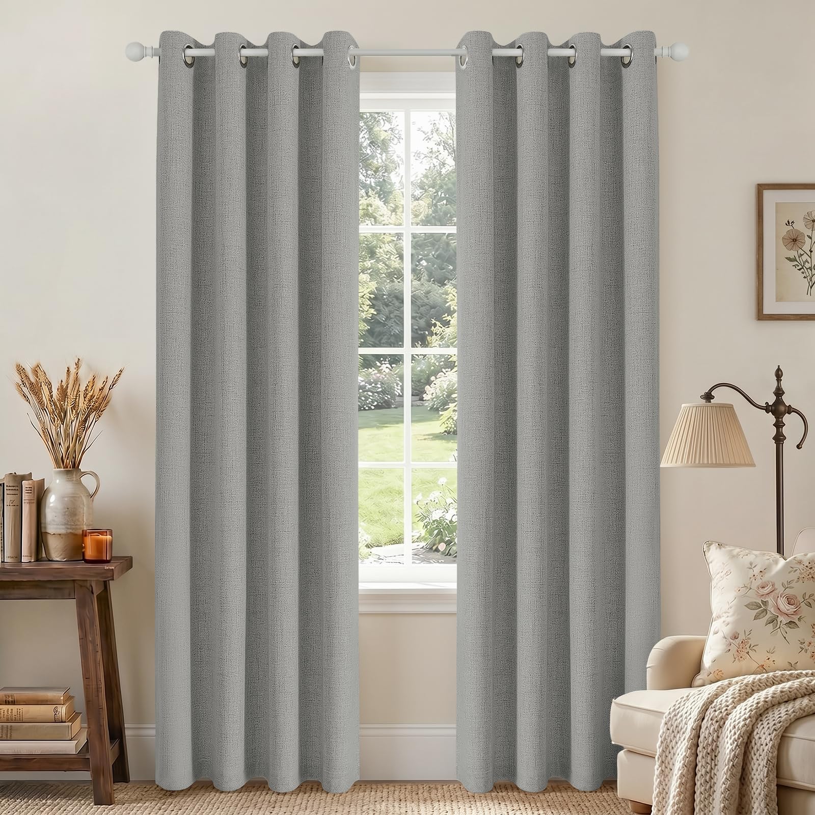 Joydeco Light Grey Blackout Curtains 96 Inches Long for Living Room, 100% Blackout Curtains for Bedroom, Linen Room Darkening Burlap Grommet Textured Drapes (42x95 inch, Light Grey)