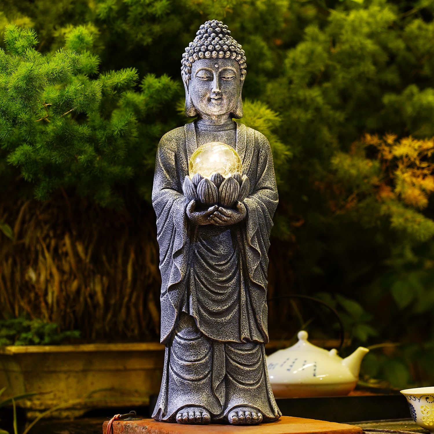 Yeomoo Figura de Buda solar de 46 cm de altura, con efecto de crackle, gran decoración espiritual para jardín zen, meditación, yoga y feng shui, regalo para mujeres/mamá (jardín, terraza, salón