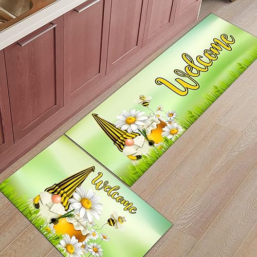 Miniatura 4 de Kitchen Rug Mats Set of 2 Piece Honey Bees Non Slip Cushioned Rug Gnomes on Green Anti-Fatigue Washable Comfort Floor Mat Carpets Home Decor for