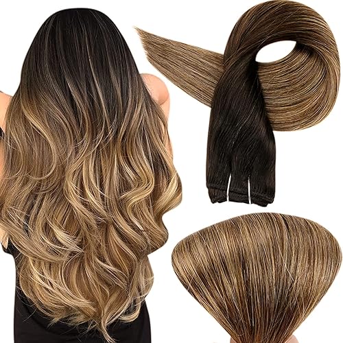Full Shine Hair Weft Human Hair Extensions 14 Inch Sew in Extensions Color 1B Off Black Fading to 6 And 27 Honey Blonde Weft Hair Bundles 100 Gram Real Human Hair Double Weft