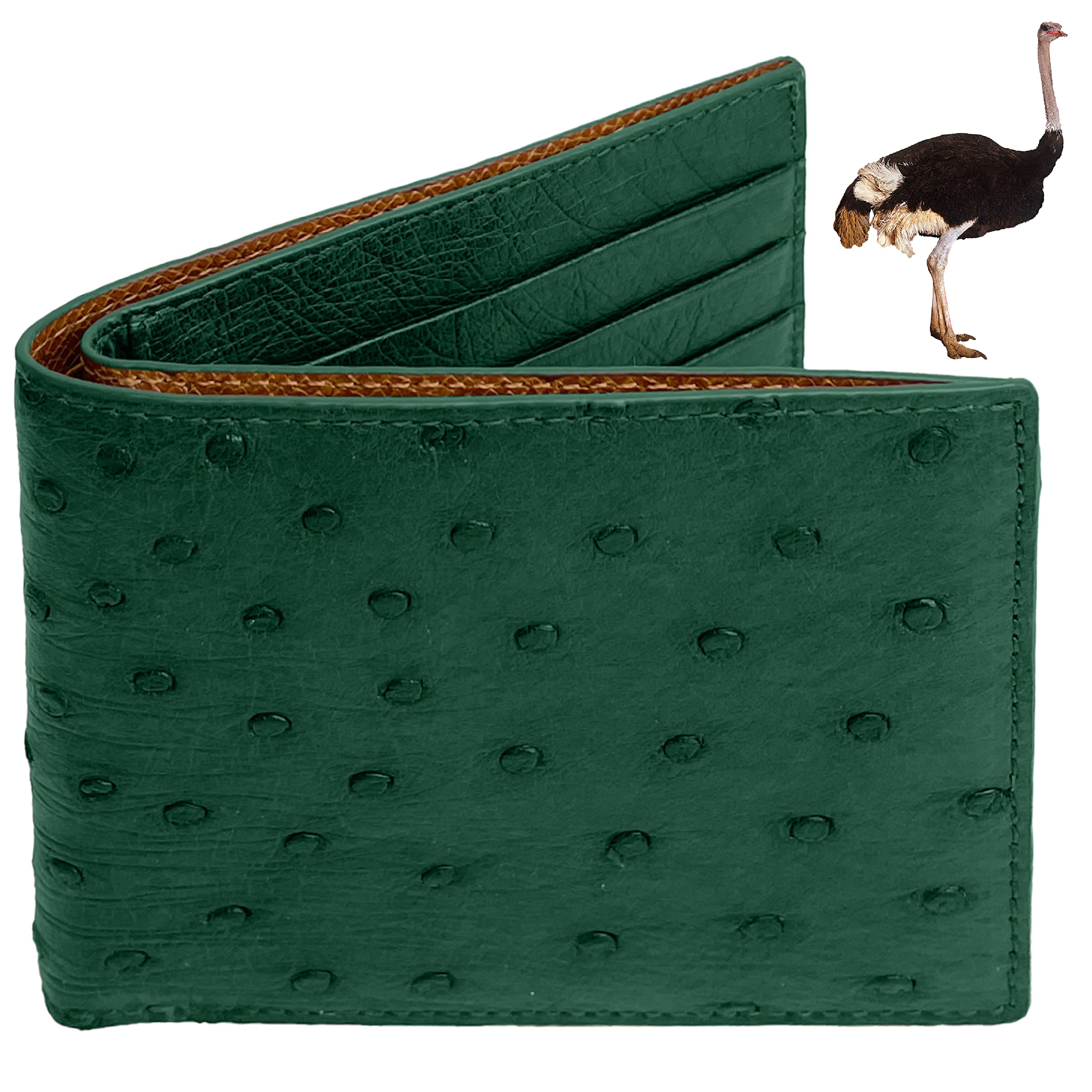 HATA Green Ostrich Leather Bifold Wallet for Men, Double-Sided Ostrich Billfold with RFID Blocking, Handmade Leather Wallet Gift for Birthday, Anniversary, Father's Day VINAMOS-08