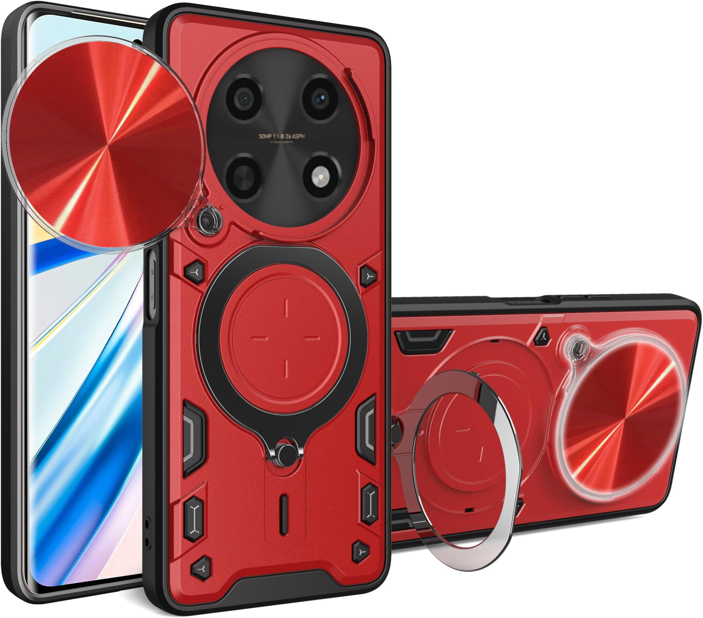 Compatible with Huawei Nova Y91 / Nova 14i / Enjoy 60X 4G Car Mount Magnetic Stand Slide Lens【PC+TPU】2 in 1 Case Red