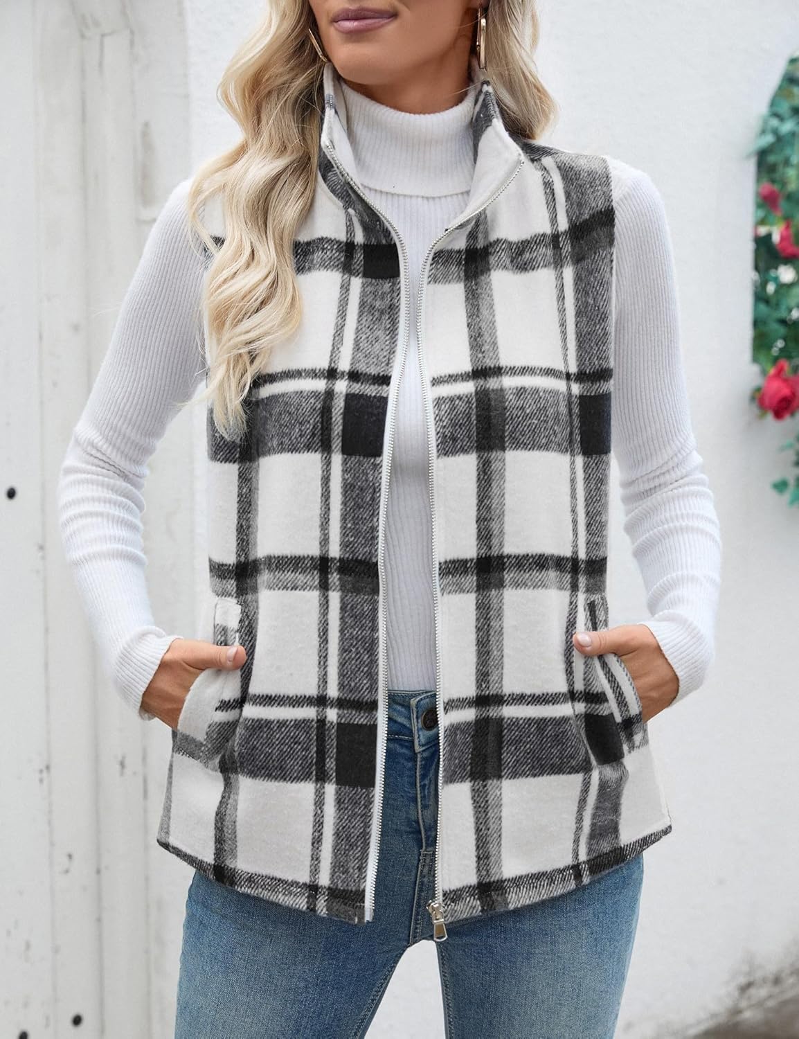 Rapbin Women's Plaid Outerwear Vests Tops Zip Up Collared Sleeveless Jacket with Pockects - Image 5