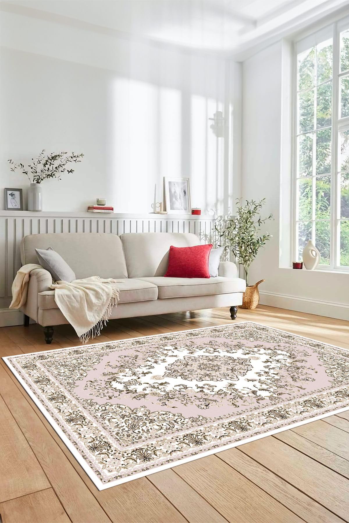 Evdeya Klasik Desenli Dijital Kaymaz Taban Yıkanabilir Yolluk Mutfak Salon Halısı KLASİK-23, Pembe, 80 x 300
