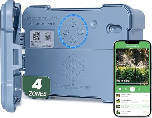 ImoLaza Controlador Inteligente de Aspersores para Exteriores, Controlador de Riego WiFi de 4 Zonas con Clima Hiperlocal, Control Remoto por